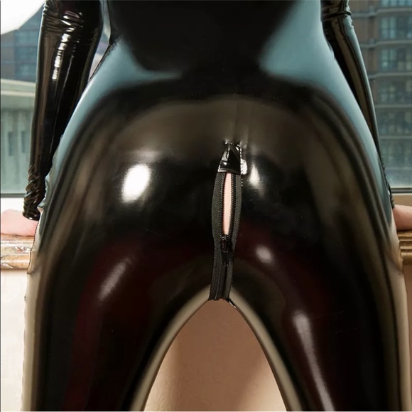 Black patent faux leather latex bodysuit romper D2 vinyl wet look slick sexy new - Picture 4 of 6